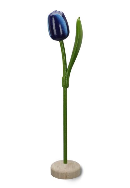 Wooden tulip in a wooden base, to stand, 34cm high, made in Holland, color: blue/white